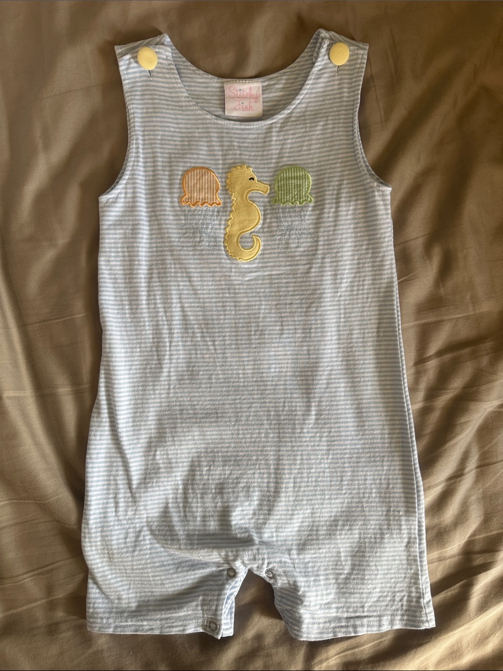Striped Baby Romper with Seahorse Applique - Pastel Yellow & Green